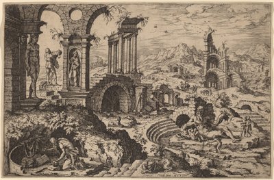 Harabelerle Bir Manzarada Aziz Jerome by Hieronymus Cock after Maerten van Heemskerck