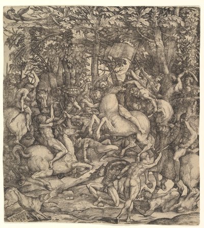 Bir ormanda süvari ve piyade arasındaki savaş, 16. yüzyıl. by Hieronymus Hopfer