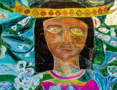 Amazonas-Shaman Olivia Arevalo, 2022 (ipek üzerine boya ve boya) by Hilary Simon