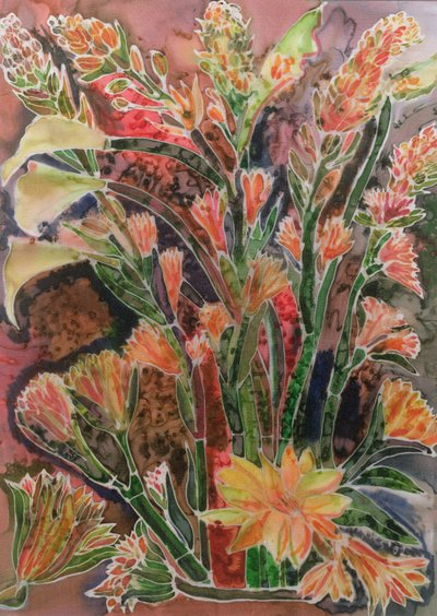Yumru Güllü Calla Zambakları (ipek üzerine renkli mürekkepler) by Hilary Simon
