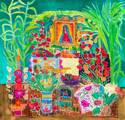 Tapınak, Ölülerin Günü, Oaxaca, 2023 (ipek üzerine boyalar) by Hilary Simon