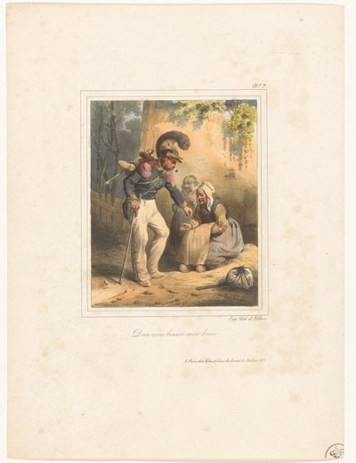 Asker fakir bir kadına biraz para verir. Dieu vous benira mon cesur (nesnedeki başlık) 9 numaralı litografik albüm (seri adı) by Hippolyte Bellange