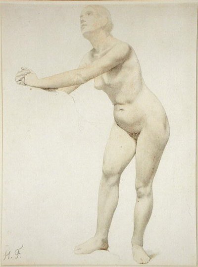 Nude (kağıt üzerine kalem ve sulu boya) by Hippolyte Flandrin