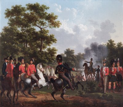 Wellington Dükü Soignies'deki Karakolları Ziyaret Ediyor (tuval üzerine yağlı boya) by Hippolyte Lecomte