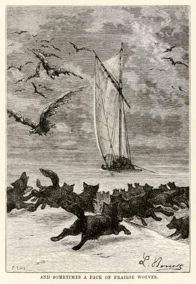 Ve bazen, Jules Verne (1828-1905) tarafından Seksen Günde Devri Alem'den Louis tarafından 1873'te kazınmış bir çayır kurdu sürüsü by Hippolyte Leon after Benett