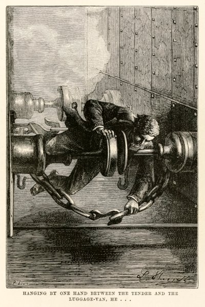 Bir eliyle ihale ve bagaj-van arasında asılı, o... Seksen Günde Devri Alemden Jules Verne (1828-1905), Louis tarafından 1873 kazınmış by Hippolyte Leon after Benett
