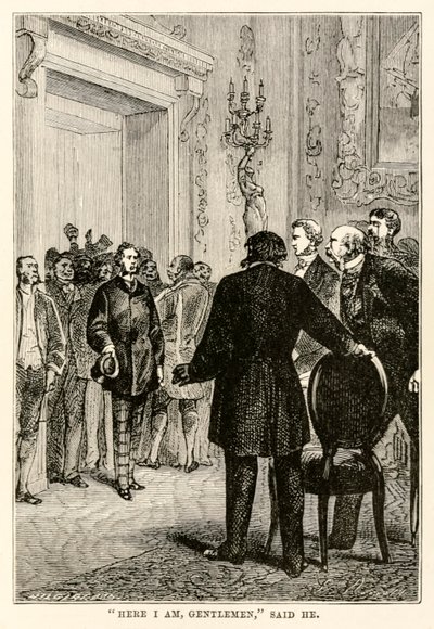 İşte buradayım beyler, dedi, Jules Verne (1828-1905) tarafından yazılan Seksen Günde Devri Alemden, Henri-Théophile Hildebrand (1824-97), 1873 tarafından oyulmuş. by Hippolyte Leon after Benett