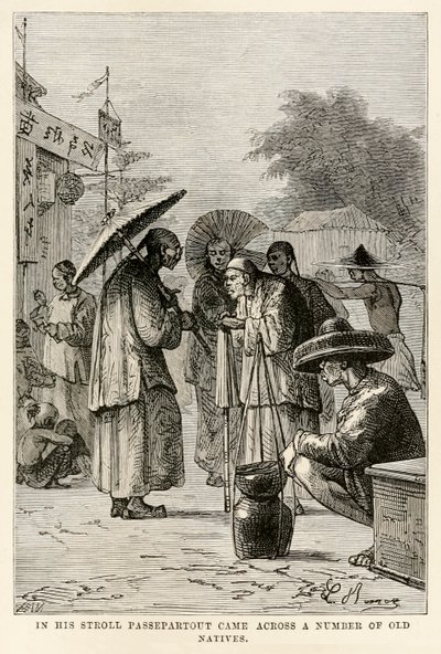 Gezintisi sırasında Passepartout, Jules Verne (1828-1905), Adolphe François Pannemaker (1822-1900), 1873 tarafından oyulmuş Seksen Günde Devri Alem