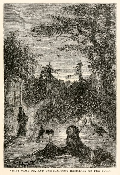 Gece oldu ve Passepartout şehre döndü, Jules Verne (1828-1905) tarafından Seksen Günde Devri Alemden, Louis Prevost tarafından 1873 oyulmuş by Hippolyte Leon after Benett