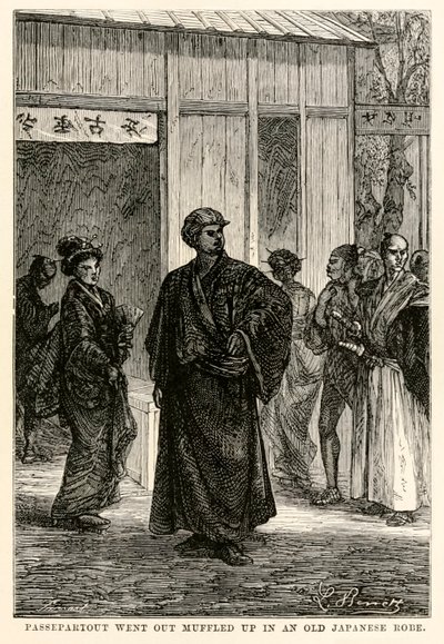 Passepartout eski bir Japon cübbesi içinde boğuk çıktı, Jules Verne (1828-1905) tarafından Seksen Günde Devri Alem