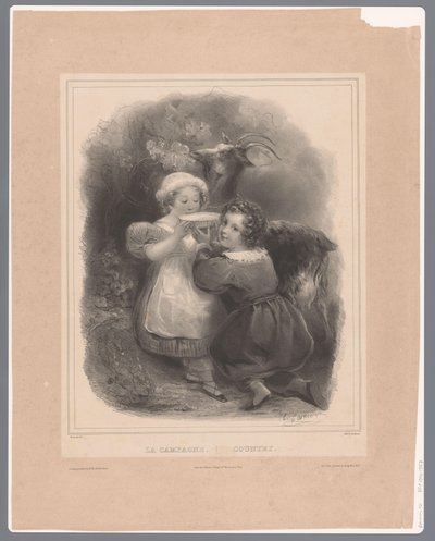 Keçili iki çocuk keçi sütü içer La Campagne / Ülke (nesne üzerindeki başlık) by Hippolyte Louis Garnier