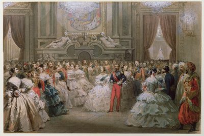 Kraliçe Victoria (1819-1901) ve Prens Albert (1819-61), III. Napolyon ve Eugenie tarafından verilen bir gala yemeğinde, 1853 (kağıt üzerinde wc) by Hippolyte Louis Pauquet
