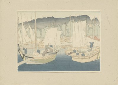 Shiogama limanındaki tekneler Shiogama (nesne üzerindeki başlık) Üçüncü bölüm, Tôhoku bölgesi (dizi başlığı) Dai sanshû, Tôhoku no bu (nesne üzerinde seri başlığı) Japon manzaralarının baskıları (seri başlığı) Nihon fûkei hanga (nesne üzerinde dizi başlığı by Hirafuku Hyakusui