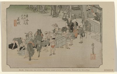 Fujieda No. 23. Fujiyeda: Hiroshige tarafından boyanmış Tokaido