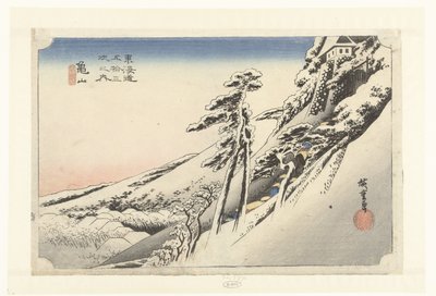 Kameyama, göz hapsinde tutuluyor Kamayama, yukibare (nesne üzerindeki başlık) De 53 istasyon van de Tokaido (dizi başlığı) Tokaido gojusan tsugi no uchi (nesnede seri başlığı) by Hiroshige (I) , Utagawa