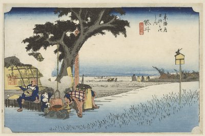 Theehuis in de buitenlucht in Fukuroi Fukuroi, dechaya no zu (nesne üzerindeki başlık) De 53 istasyon van de Tokaido (dizi başlığı) Tokaido gojusan tsugi no uchi (dizi adı) by Hiroshige (I) , Utagawa