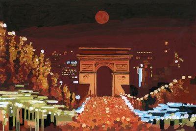 Arc de Triomphe ve Champs Elysées geceleri, 2015 (kağıt üzerine guaj boya) by Hiroyuki Izutsu