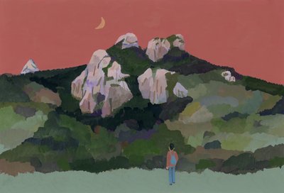 Dağlarda seyahat eden sırt çantası olan adam, 2015 (kağıt üzerinde guaj) by Hiroyuki Izutsu