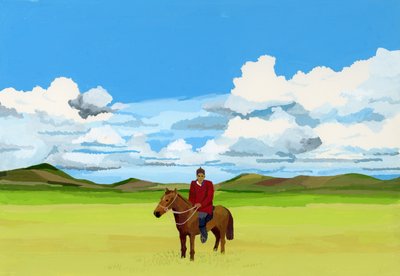 Moğol bozkırları ve ata binen insanlar, 2015 (Kağıt üzerine guaj boya) by Hiroyuki Izutsu