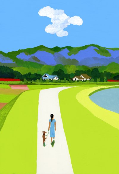 Mavi Dağlar ve Köpekle Yürüyen Kadın by Hiroyuki Izutsu