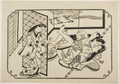 Müvekkili ile Bir Fahişe, isimsiz bir erotik resim albümünün ilk sayfası by Hishikawa Moronobu