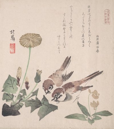 Spring Rain Koleksiyonu Harusame shu, vol. 3: Serçeler ve Karahindibalar, ca. 1820., yaklaşık 1820. by Hokuba