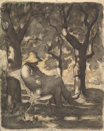 Bahçede Okuyan Bir Adam, 1825-79 (siyah tebeşir, tükenmez kalem ve mürekkep, yıkama ve mum boya üzerine wc) by Honoré Daumier