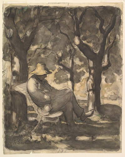 Bahçede Okuyan Bir Adam recto, Bahçede Okuyan Bir Adam için ön taslak v..., yakl. 1865. by Honoré Daumier