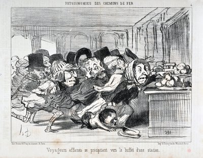 Honore Daumier (1808-1879) tarafından yapılan sanat eseri 1852 tarihli Charivari: PHYONOMIES DES CHAIN ​​​​DE FERR Serisi Bir istasyonun büfesine koşan aç gezginler MUSEE DES BEAUX ARTS - PALAIS LONGCHAMP, MARSELLE by Honoré Daumier