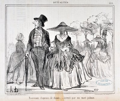Honore Daumier (1808-1879) tarafından yapılan sanat eseri 1855 tarihli Charivari: Serie Actualites “” Kıskanç bir koca tarafından icat edilen yeni bayan şapkaları ”” MUSEE DES BEAUX ARTS - PALAIS LONGCHAMP, MARSEILLE by Honoré Daumier