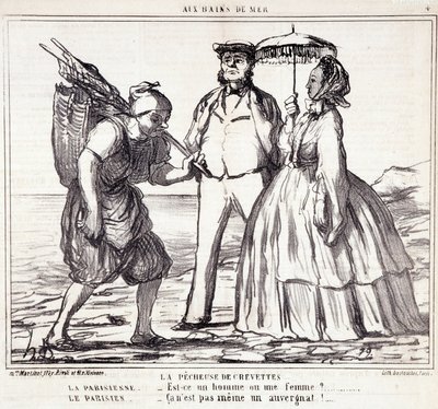 Tatilde Parisli turistler hakkında karikatür. Seri “” Axe Bains de Mer””: “” Karides balıkçılığı...” Honore DAUMIER (1808-1879) tarafından yapılan gravür. 5 Eylül tarihli “Le Charivari” gazetesinden alıntı by Honoré Daumier