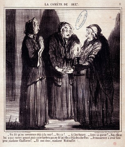 Bilim hakkında karikatür. Serie Sur “” 1857 Kuyruklu Yıldızı””: “” Onu şimdiden görmeye başladığımızı söylüyorlar!...”” Honore DAUMIER (1808-1879) gravürü. 7 Mart tarihli “Le Charivari” gazetesinden alıntı by Honoré Daumier
