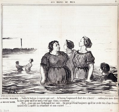 Görünümler ve moda hakkında karikatür. Seri “” Les Bains de Mer””: “” Zayıf kadın (...), şişman kadın (...)” Honore DAUMIER (1808-1879) tarafından yapılan gravür. 16 Eylül tarihli “Le Charivari” gazetesinden alıntı by Honoré Daumier