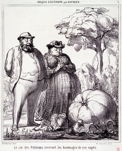 Bahçıvanlık hakkında çizgi film. Serie “” Sonbahar Kroki””: “” Konularından haraç alan Balkabağı Kralı””. Honore DAUMIER (1808-1879) tarafından yapılan gravür. 23 Eylül tarihli “Le Charivari” gazetesinden alıntı by Honoré Daumier