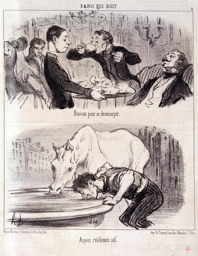Gastronomi istismarı hakkında karikatür. Serie Paris içme: “” Sıkılmak için içmek. Gerçekten susamış." Honore DAUMIER (1808-1879) tarafından yapılan gravür. “” Le Charivari” gazetesinden alıntı 16 Haziran 1852 Dim 37x26cm Env D 2310 - kutu 24 N¡5. Marsilya by Honoré Daumier