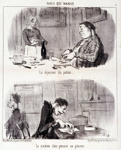 Gastronomi istismarı hakkında karikatür. “Paris qui mange”” dizisi: Patronun kahvaltısı. Altıncı katip parasını alır. Honore DAUMIER (1808-1879) tarafından yapılan gravür. 26 Haziran tarihli “Le Charivari” gazetesinden alıntı by Honoré Daumier