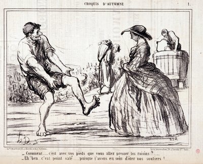 Çıplak ayak üzümleri çiğneyen biçerdöverler hakkında çizgi film. Serie “” Sonbahar Çizimi”: “” Nasıl... Üzümleri ayağınla sıkacaksın? ...” Honore DAUMIER (1808-1879) tarafından yapılan gravür. “Le Charivari” gazetesinden alıntı by Honoré Daumier
