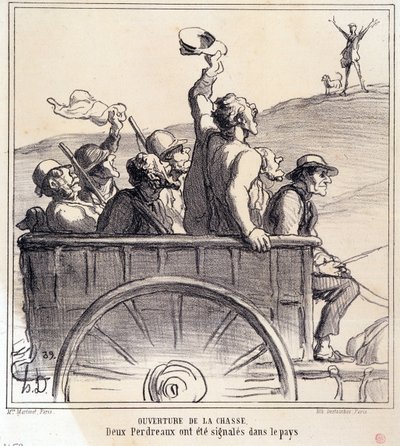 Avcılar hakkında karikatür. "Sonbahar Kroki: Avın açılışı, ülkede iki keklik sinyali verildi" serisi, "Le Charivari" Gazetelerinden by Honoré Daumier