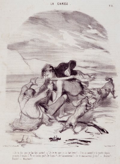 Avcılar hakkında karikatür. Seri “” Hayatın Güzel Günleri - Avcılık””: “”Size onu terk ettirdiğimi söylüyorum…”” Honore DAUMIER (1808-1879) tarafından gravür. 10 Ocak tarihli “Le Charivari” gazetesinden alıntı by Honoré Daumier