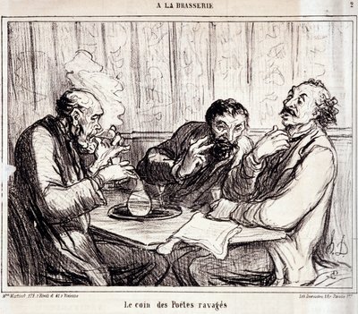 Şiir yazarları hakkında karikatür. Dizi “” A la brasserie”: “” Perişan şairlerin köşesi”””. Honore DAUMIER (1808-1879) tarafından yapılan gravür. 7 Ocak “Le Charivari” gazetesinden alıntı by Honoré Daumier