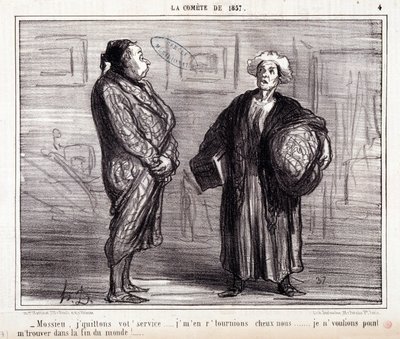 Bilim hakkında karikatür. Serie “” 1857 Kuyruklu Yıldızında””: “” Mossieu, hizmetini bırakıyorum…”” Honore DAUMIER (1808-1879) tarafından yapılan gravür. 13 Mart tarihli “Le Charivari” gazetesinden alıntı by Honoré Daumier