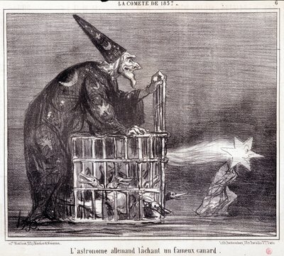 Bilim hakkında karikatür. Serie Sur “” 1857 Kuyruklu Yıldızı””: “” Ünlü Ördeği Bırakan Alman Astronom”””. Honore DAUMIER (1808-1879) tarafından yapılan gravür. 2 Mart “Le Charivari” gazetesinden alıntı by Honoré Daumier