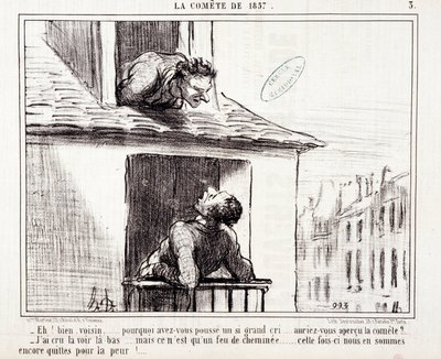 Bilim hakkında karikatür. Serie Sur “” 1857 Kuyruklu Yıldızı””: “” Peki komşu… neden bu kadar çok ağladın…”” Honore DAUMIER (1808-1879) tarafından gravür. 11 Mart tarihli “Le Charivari” gazetesinden alıntı by Honoré Daumier