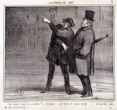 Bilim hakkında karikatür. “” 1857 Kuyruklu Yıldızı” konulu dizi: “” Komiteyi görüyor musunuz?...” Bir hırsız kurbanının dikkatini başka yöne çekiyor. Honore DAUMIER (1808-1879) tarafından yapılan gravür. 19 Mart “Le Charivari” gazetesinden alıntı by Honoré Daumier