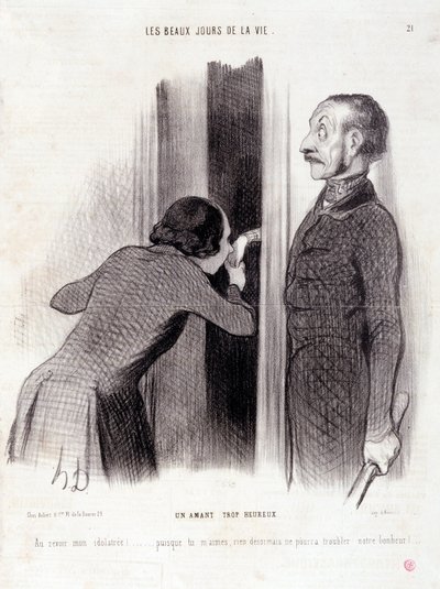 Çift hakkında çizgi film. Seri “” Hayatın Güzel Günleri”: “” Çok mutlu bir sevgili...” Honore DAUMIER (1808-1879) tarafından yapılan gravür. 1 Eylül tarihli “Le Charivari” gazetesinden alıntı by Honoré Daumier