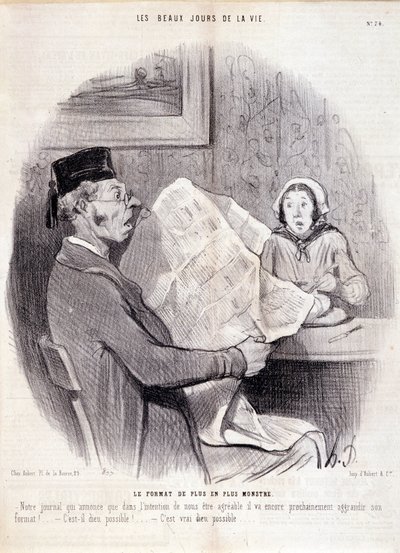 Basın hakkında karikatür. Dizi “” Hayatın Güzel Günleri””: “” Giderek artan canavar formatı...””. Honore DAUMIER (1808-1879) tarafından yapılan gravür. 18 Ekim tarihli “Le Charivari” gazetesinden alıntı by Honoré Daumier