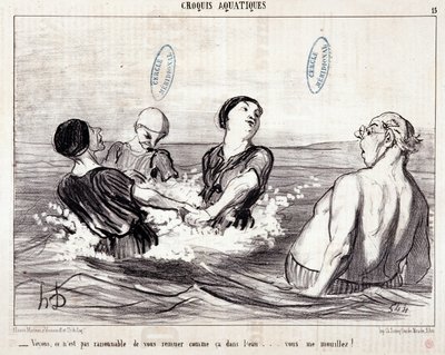 Denizde tatil yapan turistler hakkında çizgi film. Seri “” Les Bains de Mer””: “” Su taslağı. Bakalım seni suda böyle karıştırmak mantıklı değil... beni ıslattın!” Honore DAUMIER (1808-1879) tarafından yapılan gravür. “” Le Chariv gazetesinden alıntı by Honoré Daumier