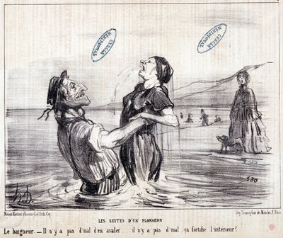 Tatildeki turistler hakkında çizgi film. Seri “” Les Bains de Mer””: “” Su taslağı. Bir dalışın sekansları””. Honore DAUMIER (1808-1879) tarafından yapılan gravür. 1853 tarihli “Le Charivari” gazetesinden alıntı. Dim: 24x28cm. Env 2453 - kutu 12 N¡1. Marsi by Honoré Daumier