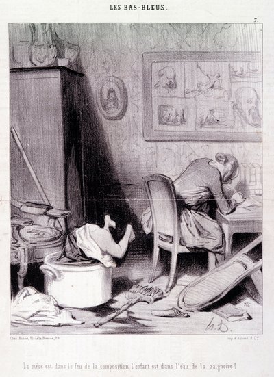 Kadın yazarlar hakkında karikatür. Serie “” Bas Bleus”: “” Anne kompozisyonun ateşinde, çocuk banyo suyunda! “” Honore DAUMIER (1808-1879) tarafından yapılan gravür. 20 Şubat tarihli “Le Charivari” gazetesinden alıntı by Honoré Daumier