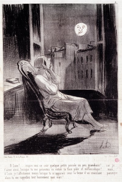 Kadın yazarlar hakkında karikatür. Seri “” Bas Bleus””: “” O! Ay bana bu gece ilham veriyor...”” Honore DAUMIER (1808-1879) tarafından yapılan gravür. 28 Şubat “Le Charivari” gazetesinden alıntı by Honoré Daumier